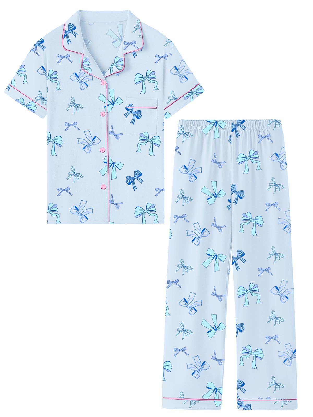 QZH.DUAO Girls Cotton Short Sleeves and Long Pants Pajama Set, 5-14 Years