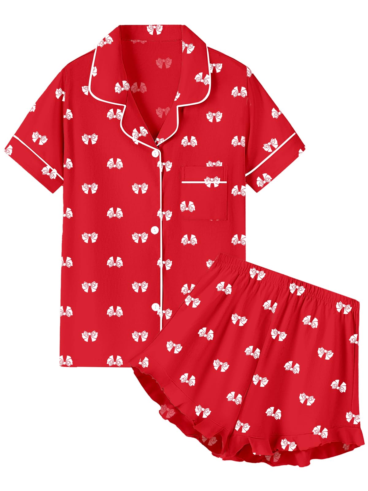 QZH.DUAO Girls & Women Pajama Sets Cotton Sleepwear Button Down Short Sleeve With Ruffle Shorts PJS 5 Years-Large