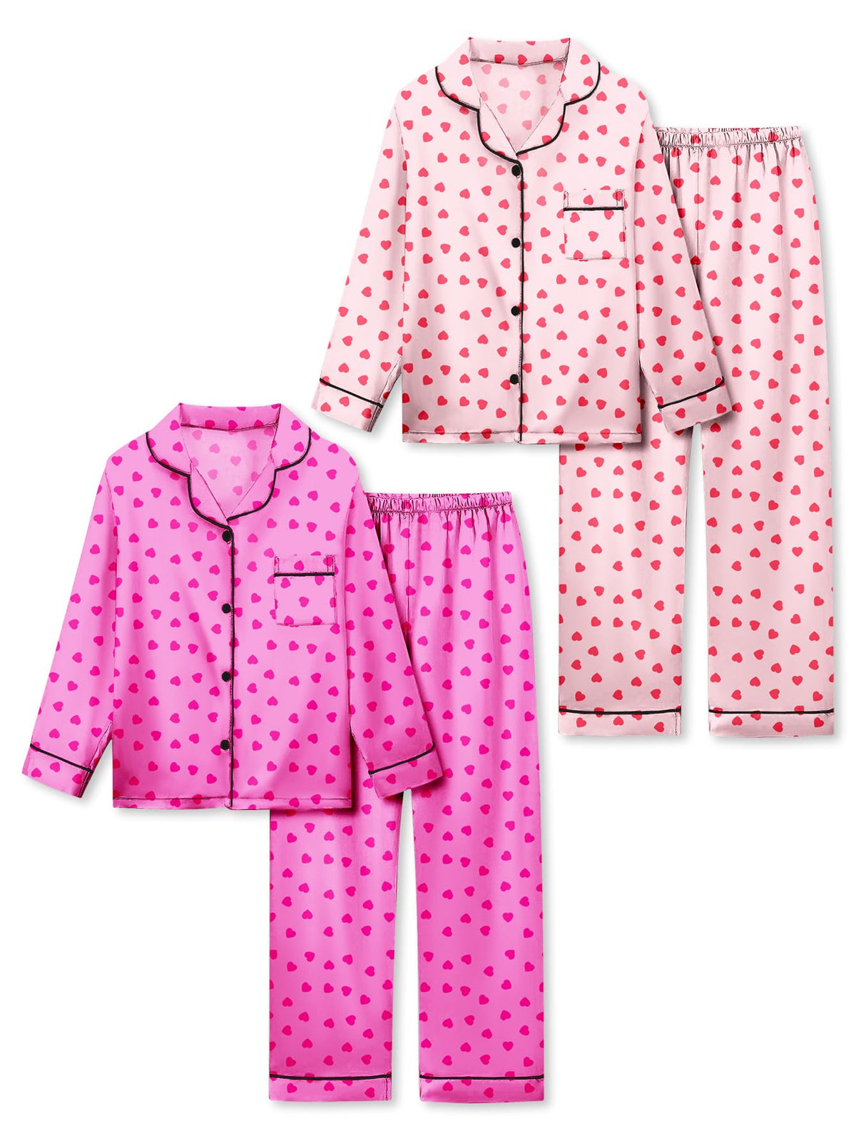 Satin Pajamas for Girls, 4-Piece Long Sleeve Silky Button Down PJ Set