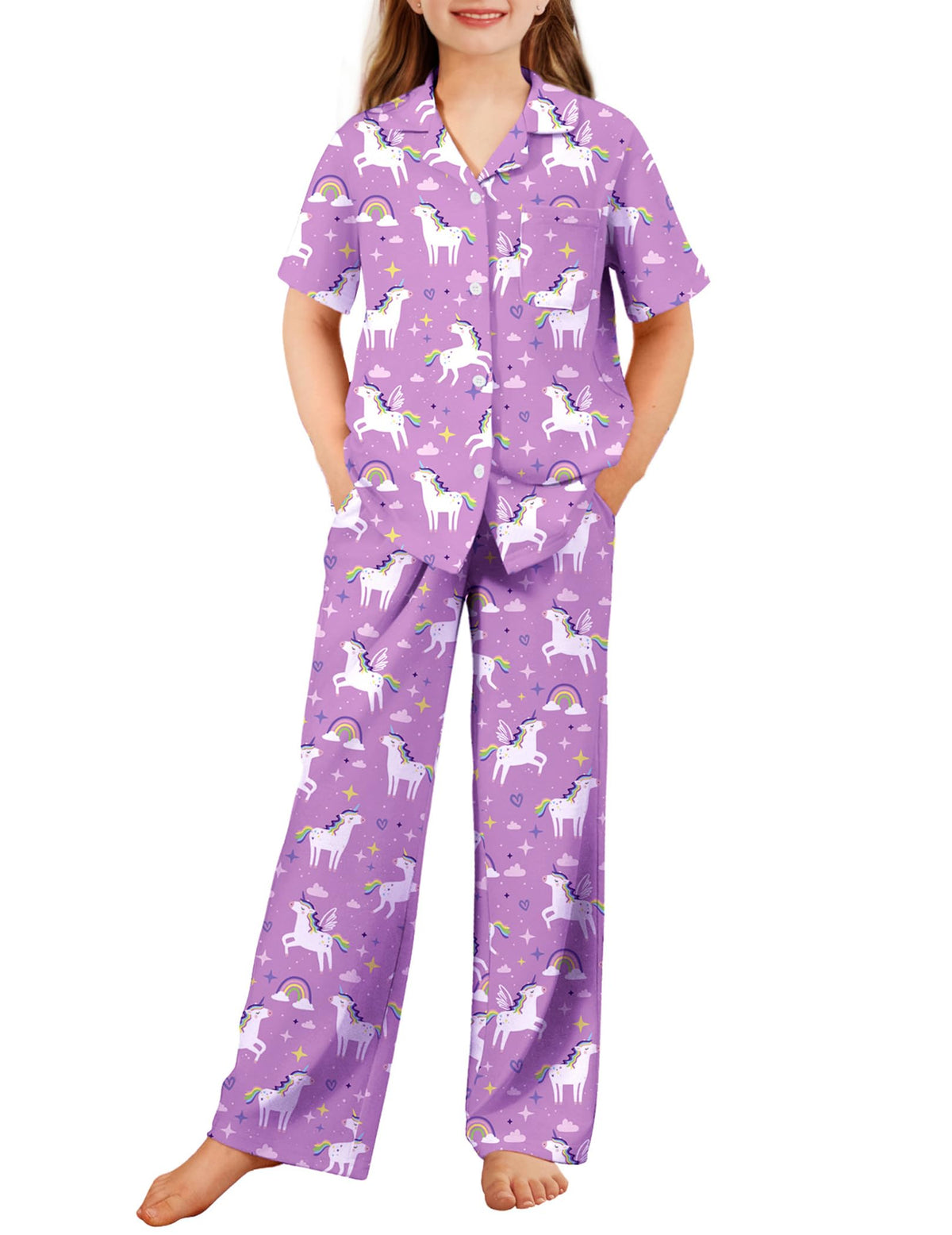 Arshiner Pajamas for Girls Short Sleeve Long Pants Sleepwear Button Pjs Set