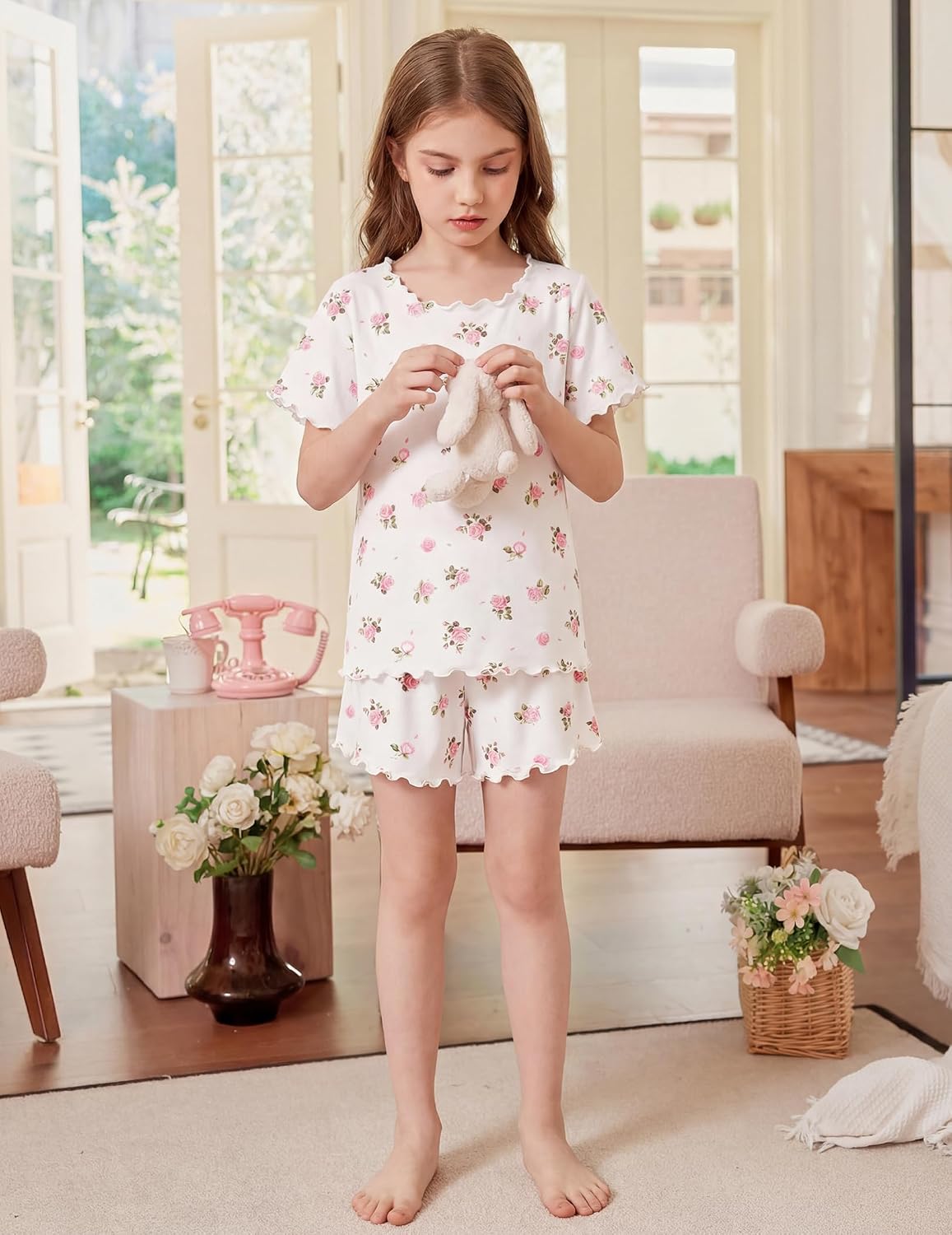 Arshiner Girls Pajamas Short Sleeve Lounge Set Soft Shirring Summer Pjs