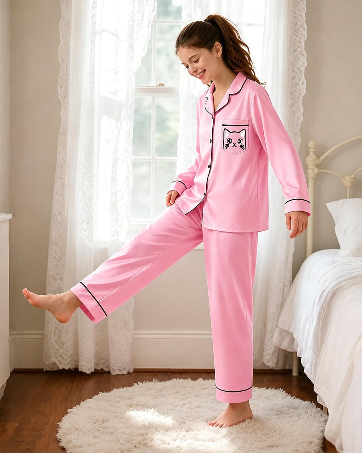 Mikrdoo Girls Silk Pajamas 2 Piece PJs Sets Kids Satin Slpeepwear 3-14Y
