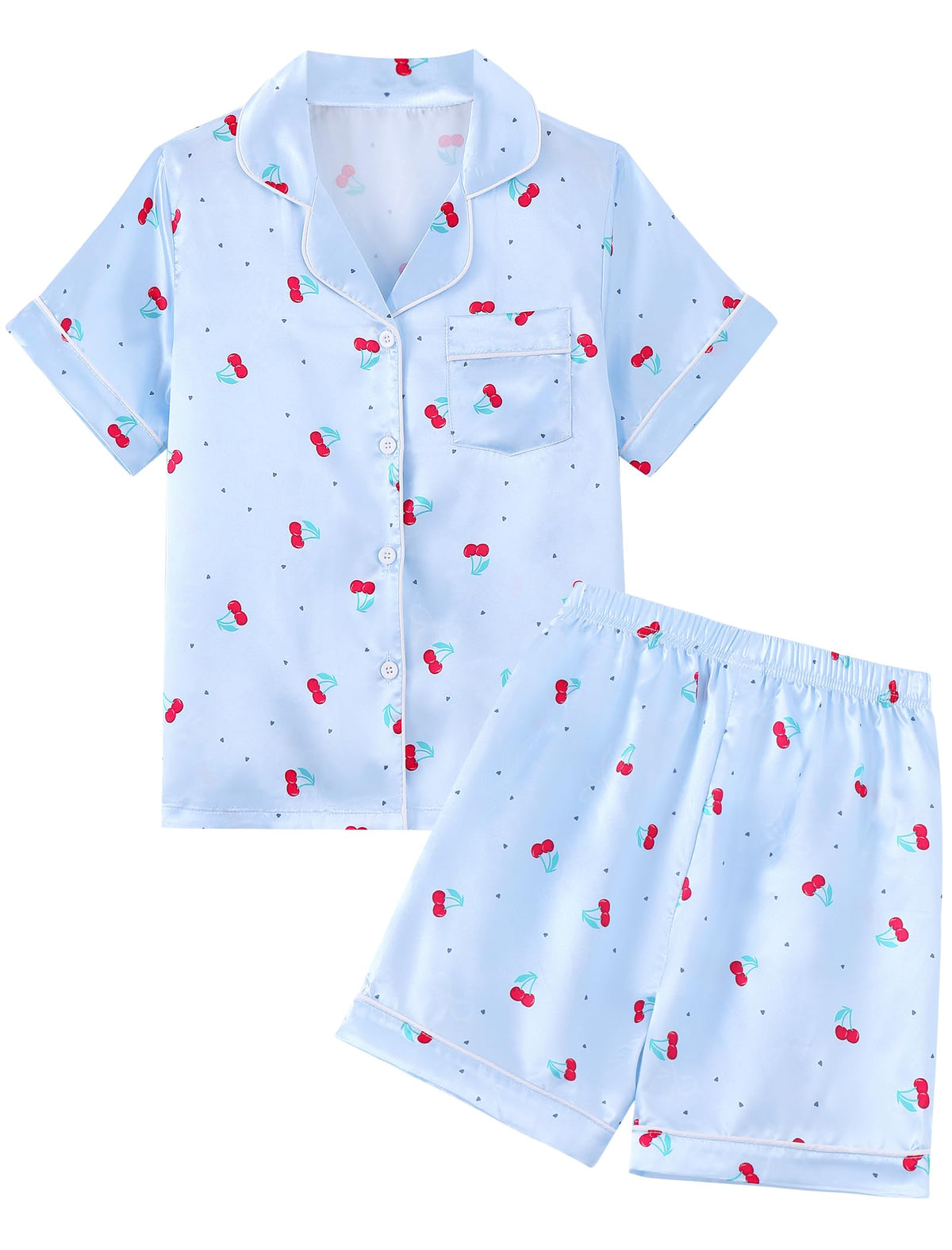 Mikrdoo Girls Pajamas Set Soft Silk Satin Pajamas 2 Piece Short Sleeve Sleepwear for Kids Size 4-16 Years