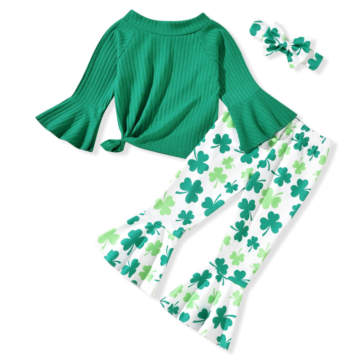 HIHA Toddler Little Girls Long Flare Sleeve Tops Bell Bottom Pants Outfit with Headband