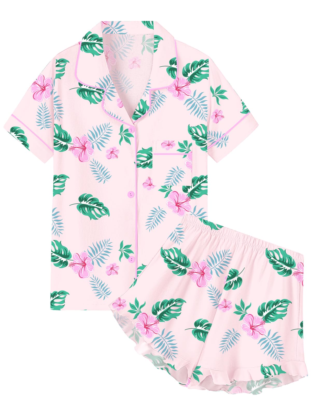 QZH.DUAO Girls & Women Pajama Sets Cotton Sleepwear Button Down Short Sleeve With Ruffle Shorts PJS 5 Years-Large