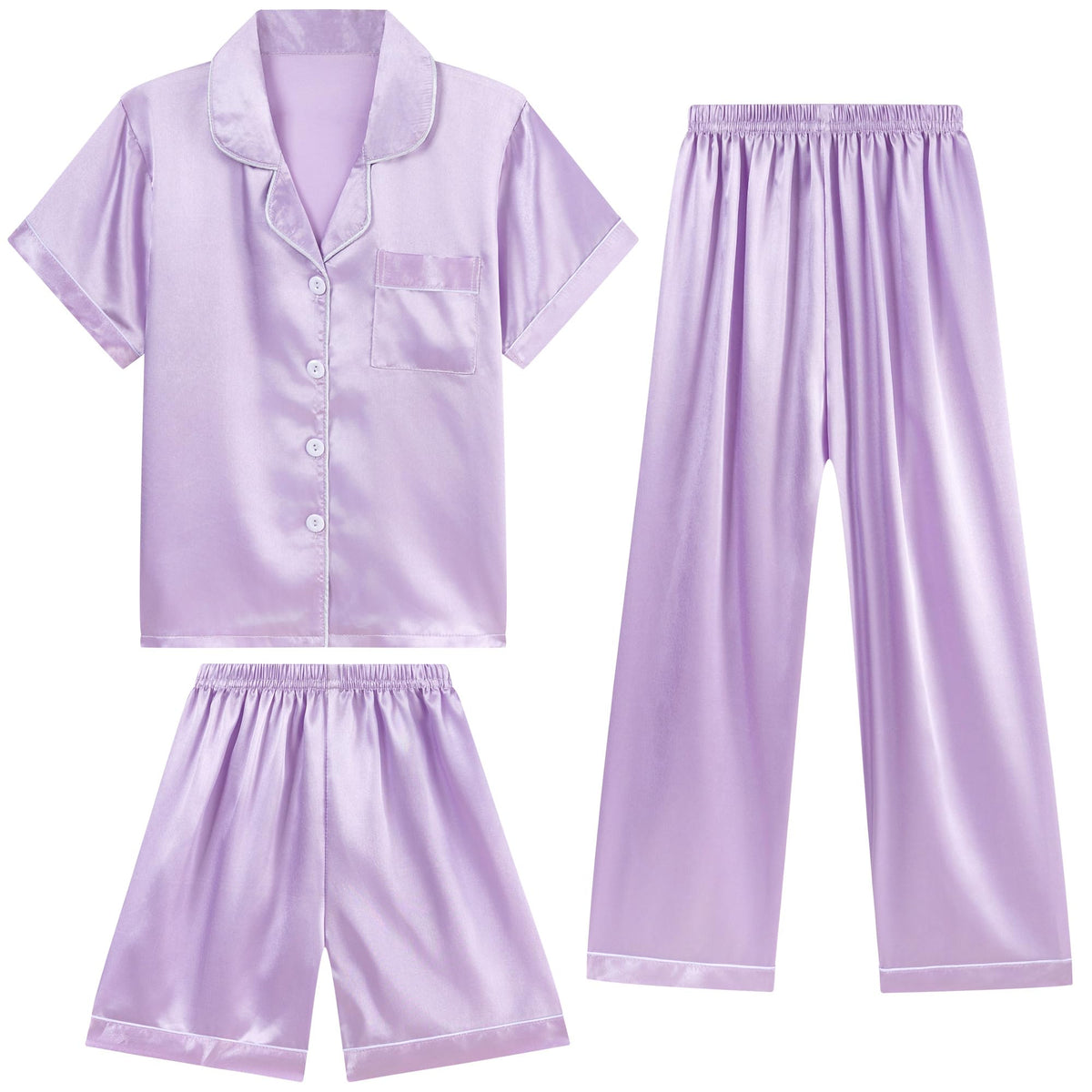 DIPUG Girls Pajamas 3 Pcs Satin PJs Set Silky Soft Sleepwear for Ages 4-13