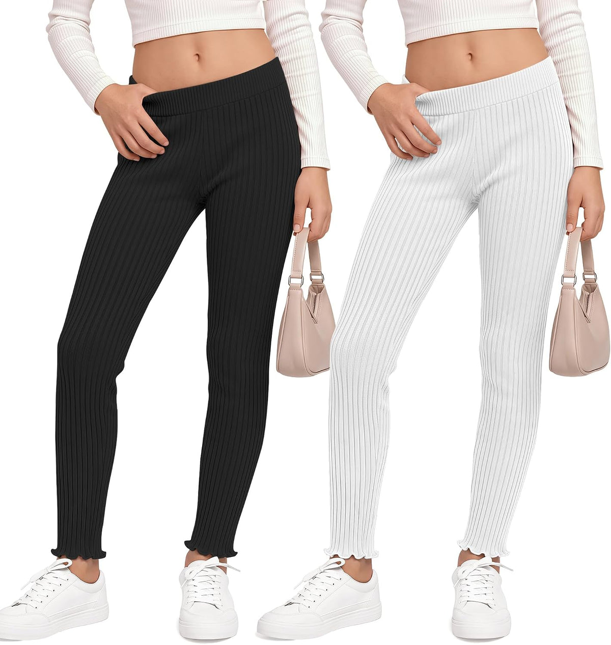 2 Pack Girl's Ribbed Knit Leggings Ruffle Tights