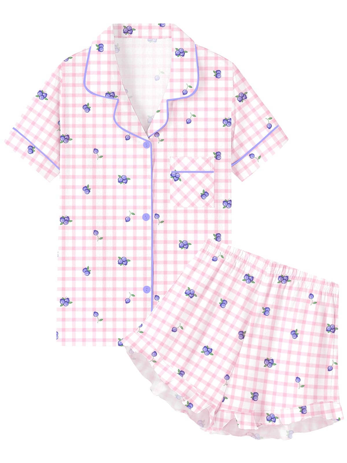 QZH.DUAO Girls & Women Pajama Sets Cotton Sleepwear Button Down Short Sleeve With Ruffle Shorts PJS 5 Years-Large