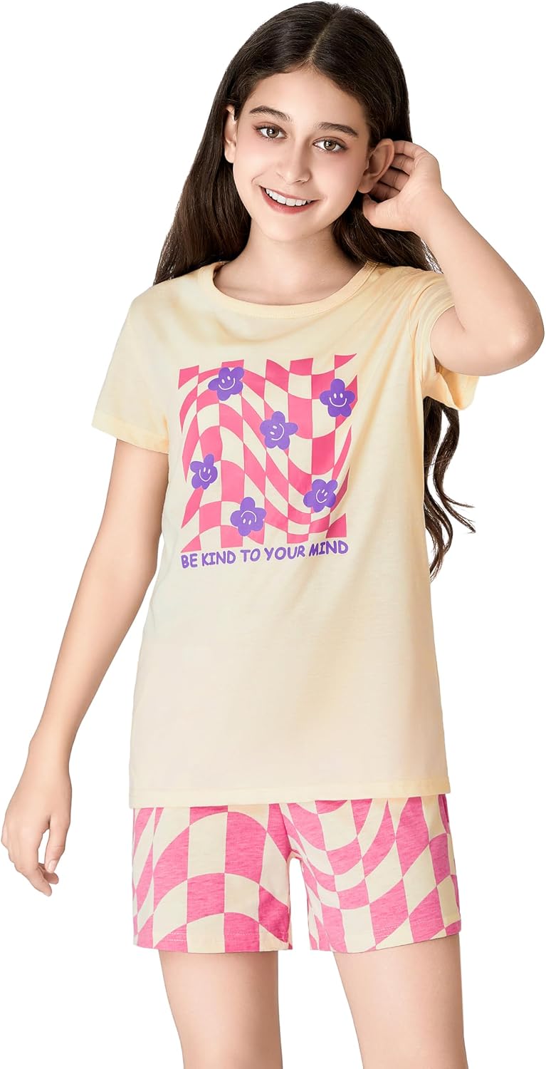 Beezizac Girls Cotton Blend Pajamas Cute Print Short Sleeve Set 4T-18