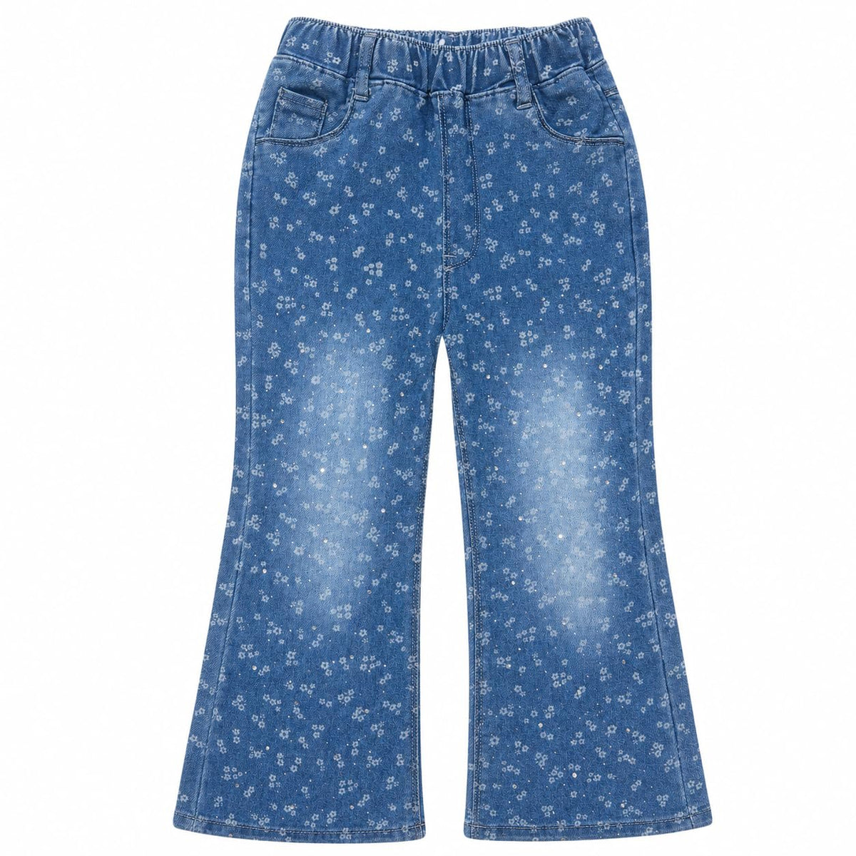 3-9 Years Little Big Girl Flare Jeans Elastic Waist Embroidery Denim Pants