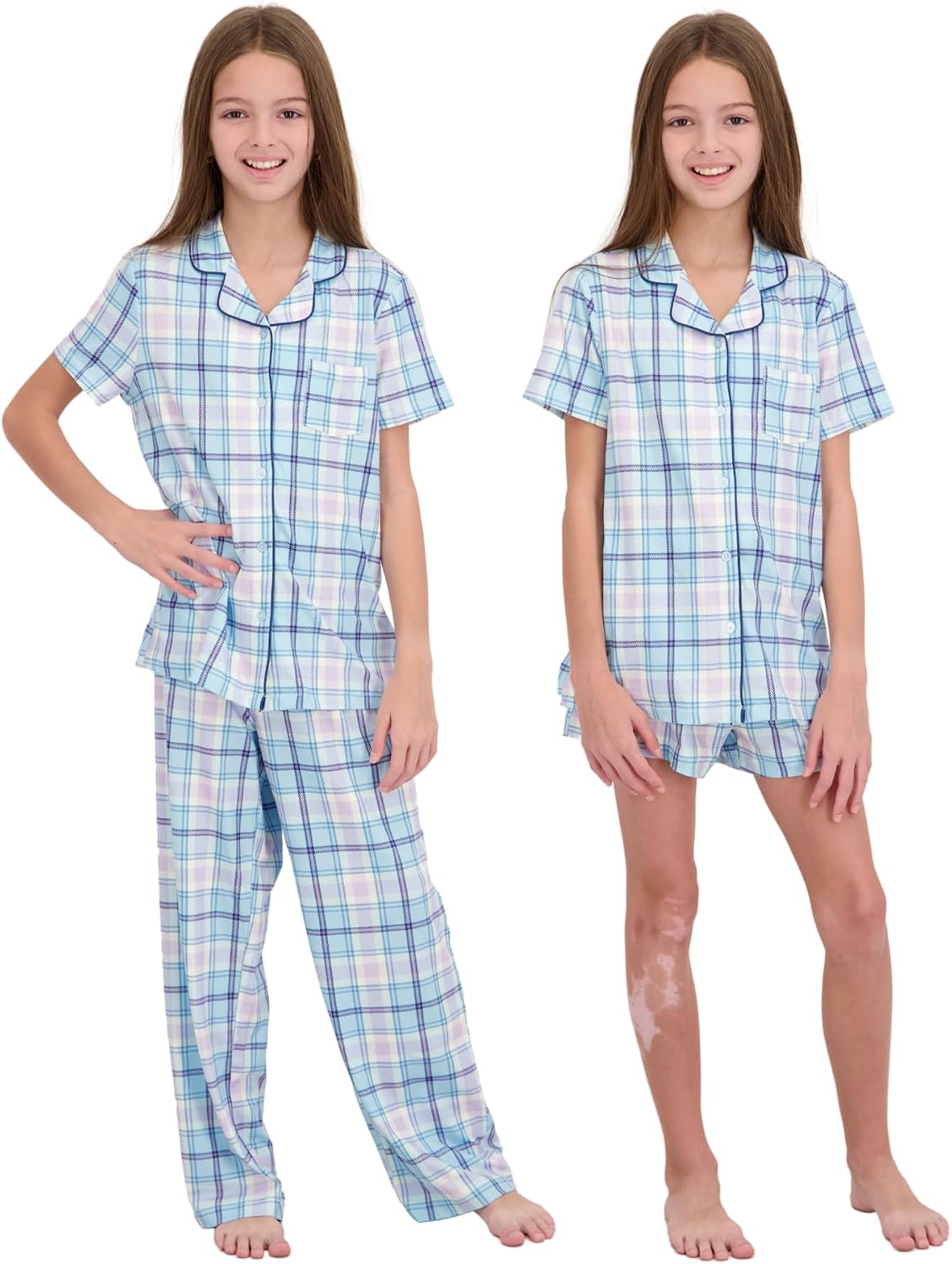 US Angels Girls Pajama Set 3 Piece, Short Sleeve Button Down PJs with Shorts & Pants, Soft Sleepwear Girls & Tweens Size 5-16