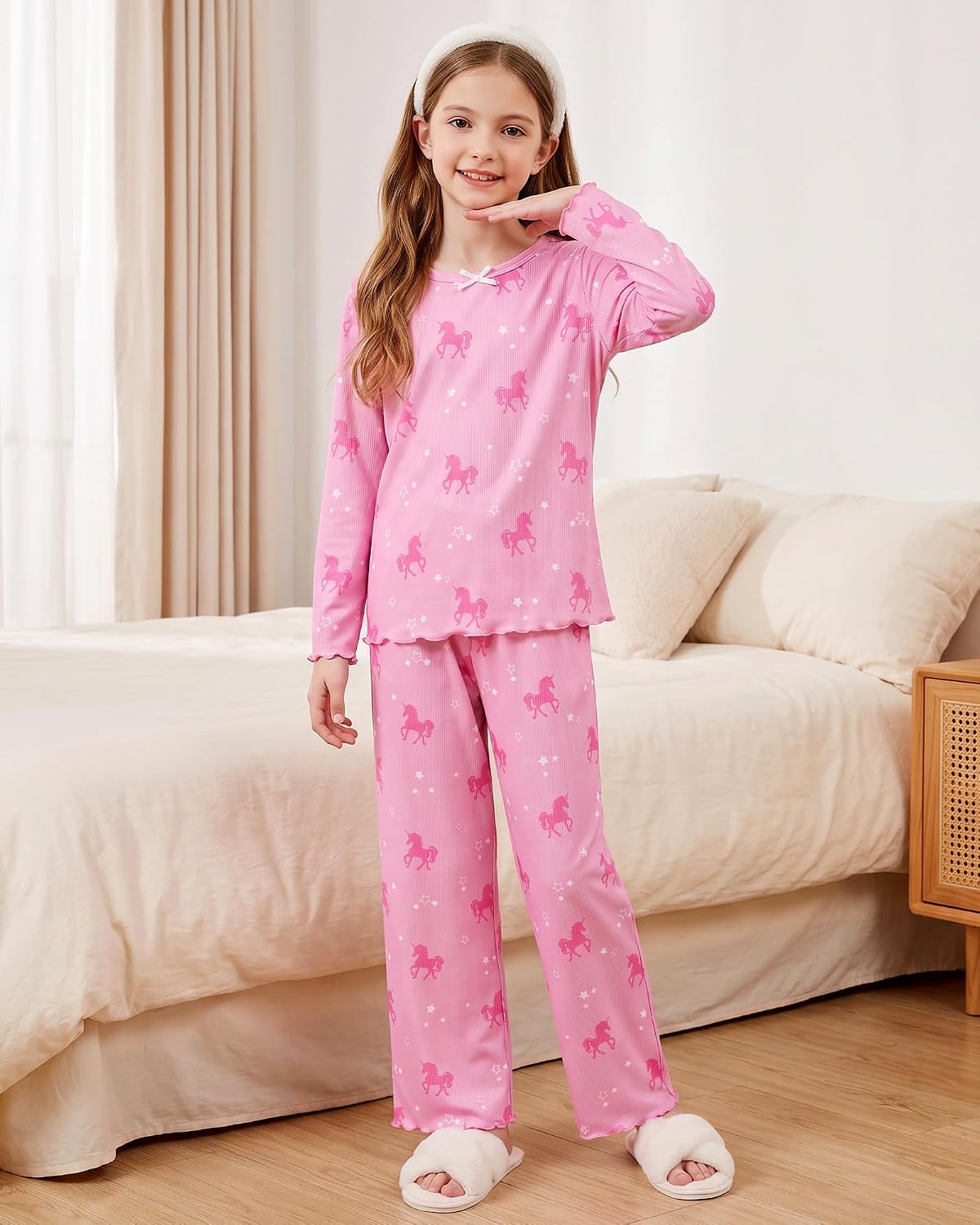 CARETOO Girls Pajama Set 2pc Soft Stretch Ribbed Kids Loungewear Pjs 5-14Y