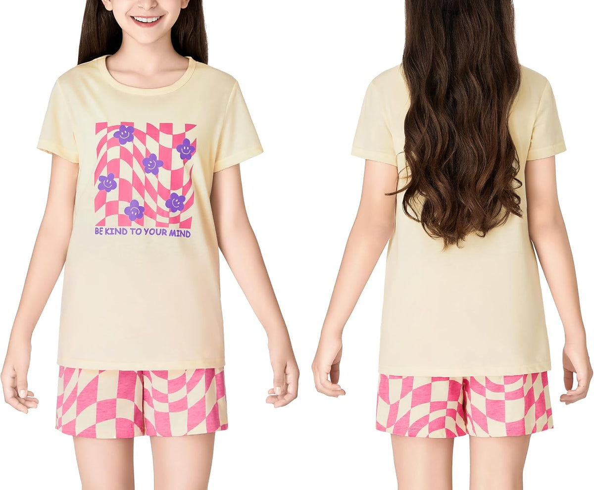 Beezizac Girls Cotton Blend Pajamas Cute Print Short Sleeve Set 4T-18