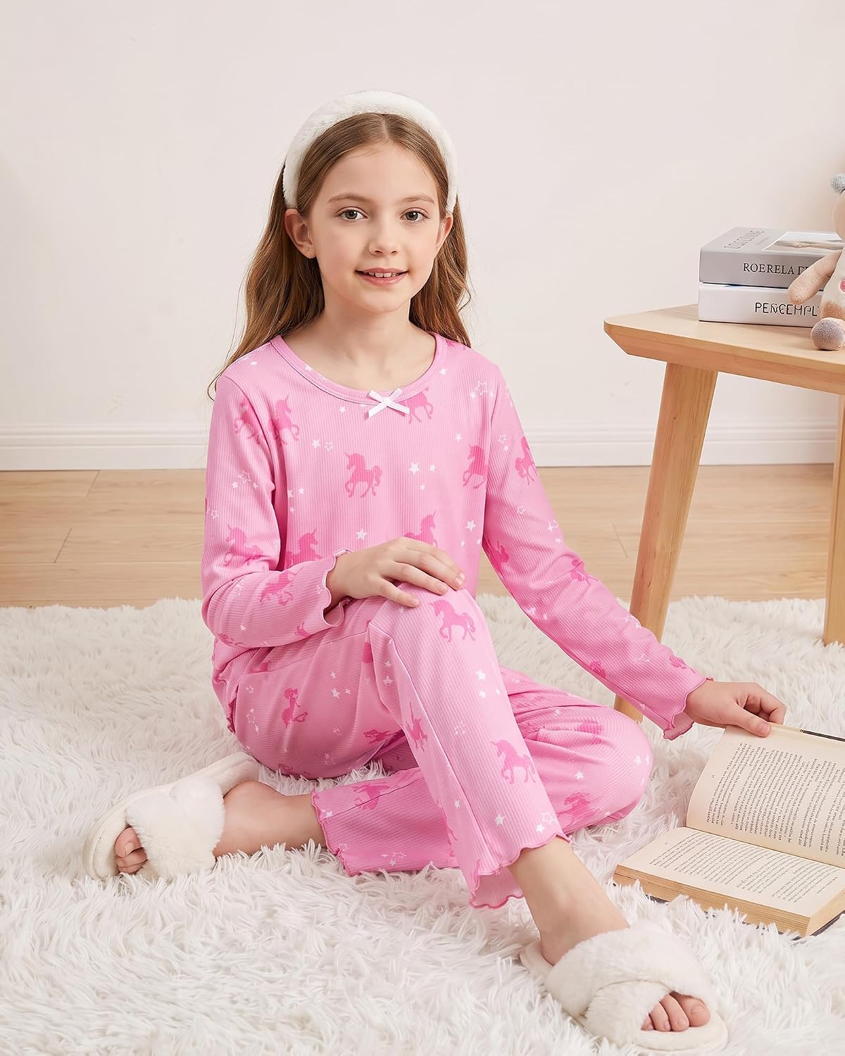 CARETOO Girls Pajama Set 2pc Soft Stretch Ribbed Kids Loungewear Pjs 5-14Y
