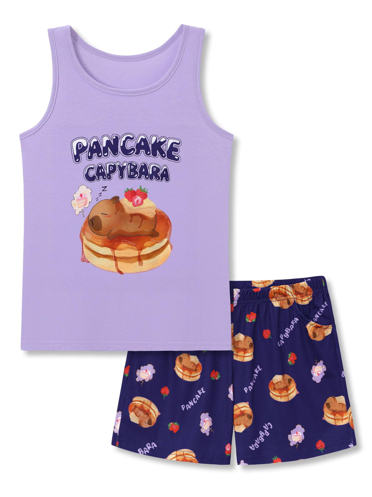 Beezizac Girls Pajamas Neon Tie Dye Spiral Capybara Smiling Face Print T-shirt & Shorts 2-Piece Soft PJ Set Size 6-18