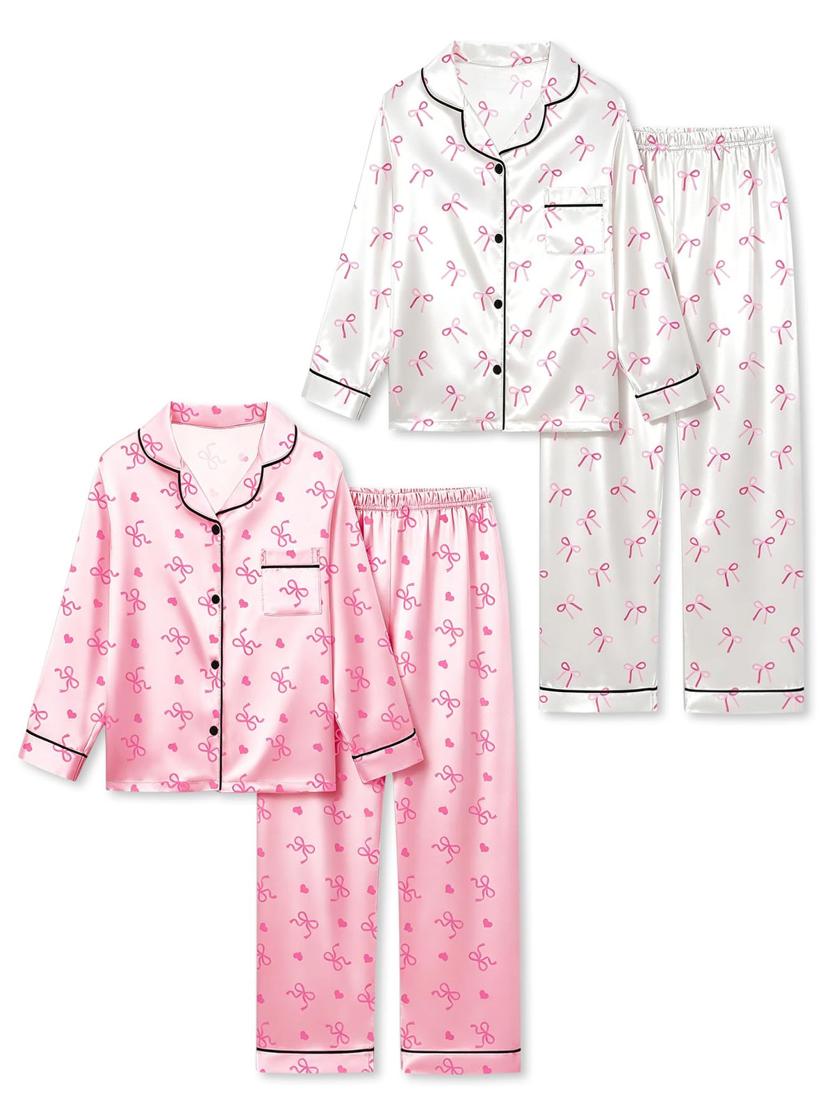 Satin Pajamas for Girls, 4-Piece Long Sleeve Silky Button Down PJ Set