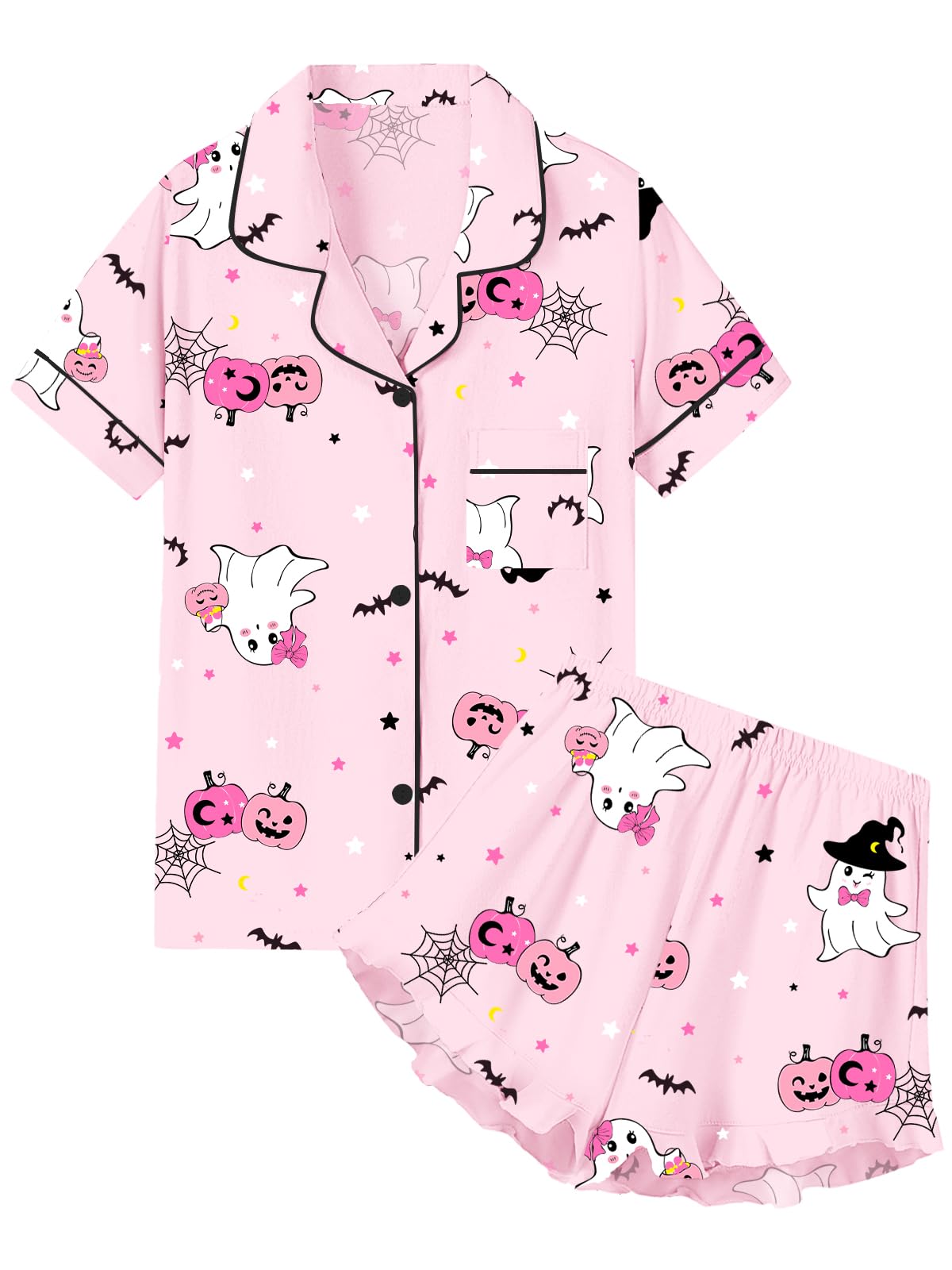 QZH.DUAO Girls & Women Pajama Sets Cotton Sleepwear Button Down Short Sleeve With Ruffle Shorts PJS 5 Years-Large