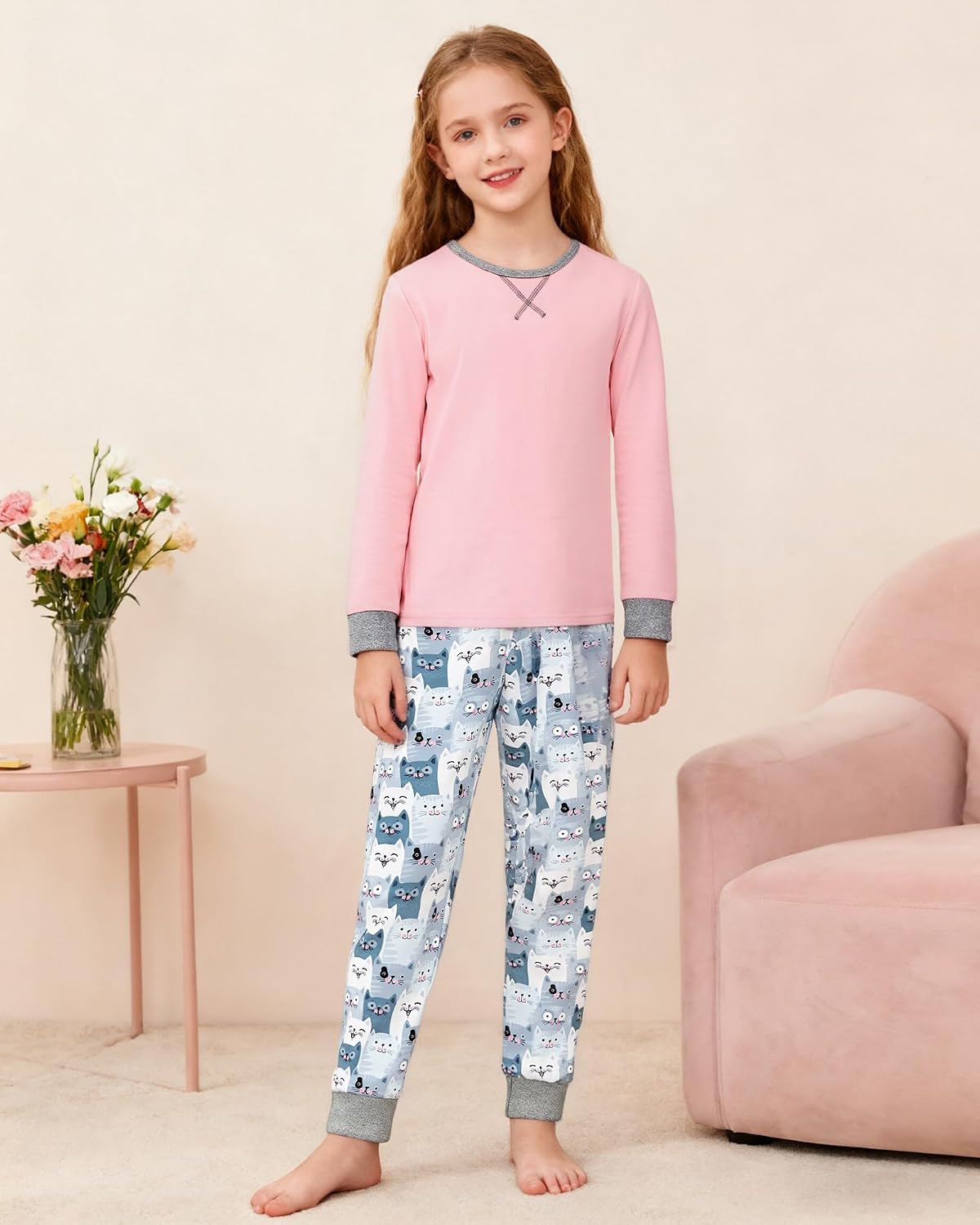 CARETOO Girls Pajamas 2 Piece Long Sleeve Long Pants Pajama Set Kids Cute Pj Soft Holiday Sleepwear Size 7-13