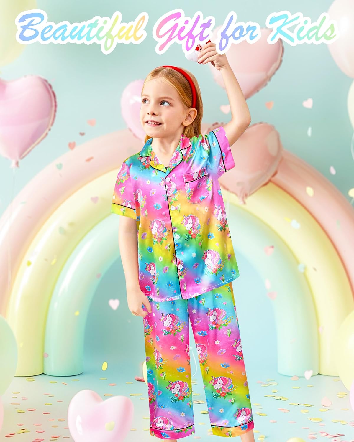 Sylfairy Girls Satin Pajamas Silk PJS Set Rainbow Unicorn Sleepwear Short Sleeve Long Pants Jammies for Toddler Kids