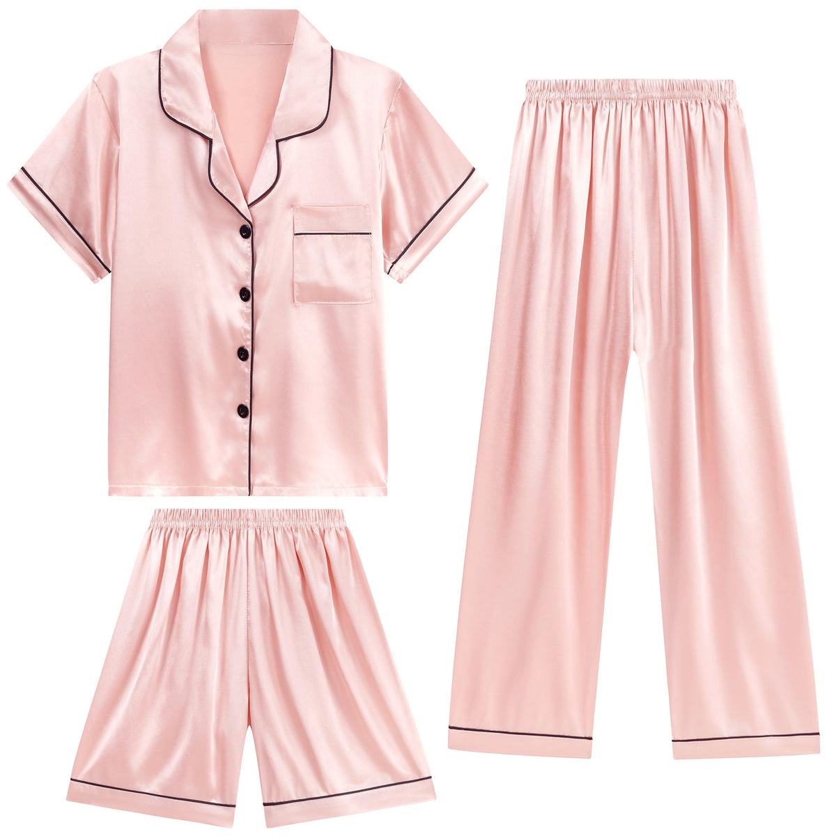 DIPUG Girls Pajamas 3 Pcs Satin PJs Set Silky Soft Sleepwear for Ages 4-13