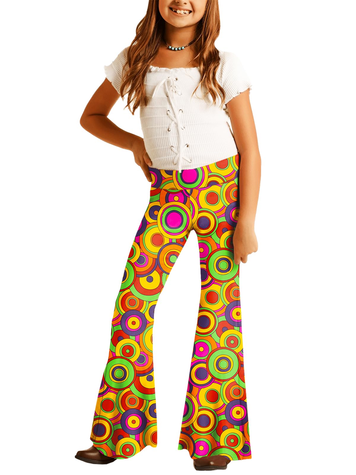 Deerose Girls Halloween Hippie Bell Bottom Pants High Waist Flare Pants 5-14 Years