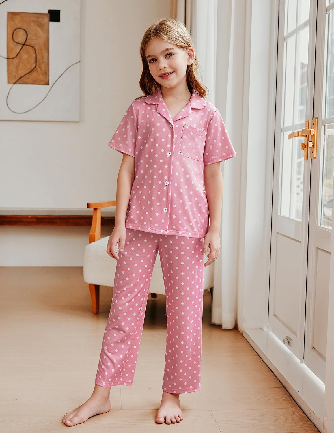 Arshiner Pajamas for Girls Short Sleeve Long Pants Sleepwear Button Pjs Set