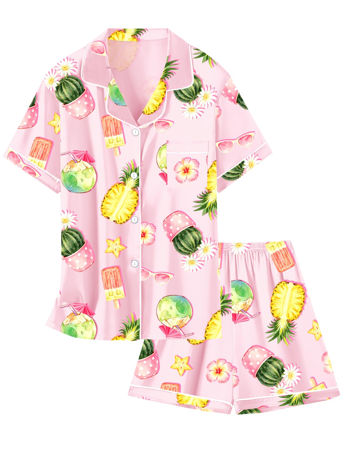 Schbbbta Girls Womens Pajamas, Satin Silky Pjs Set Kids 2Pcs Button-Down Nightwear Sleepwear Gift for Mommy and me