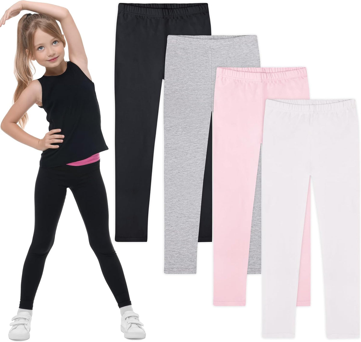 FEQO 4 Pack Girls Cotton Leggings Stretchy Full Length Tight Pants 4-12Y