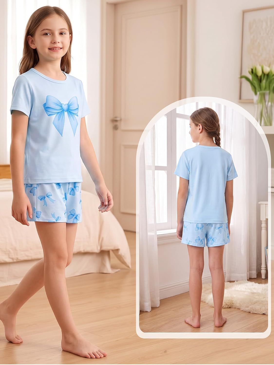 MHJY Girls Pajama Set 2-Piece Short Sleeve Soft Summer Sleepwear for Kids