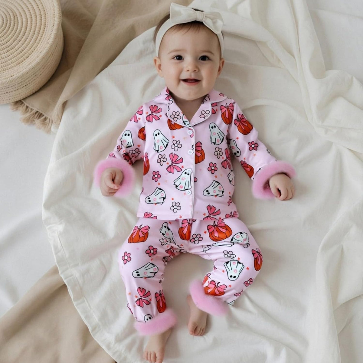 Kuriozud Kids Toddler Girl Pajamas Fuzzy Trim Button Down Shirt Pants 1-7Y