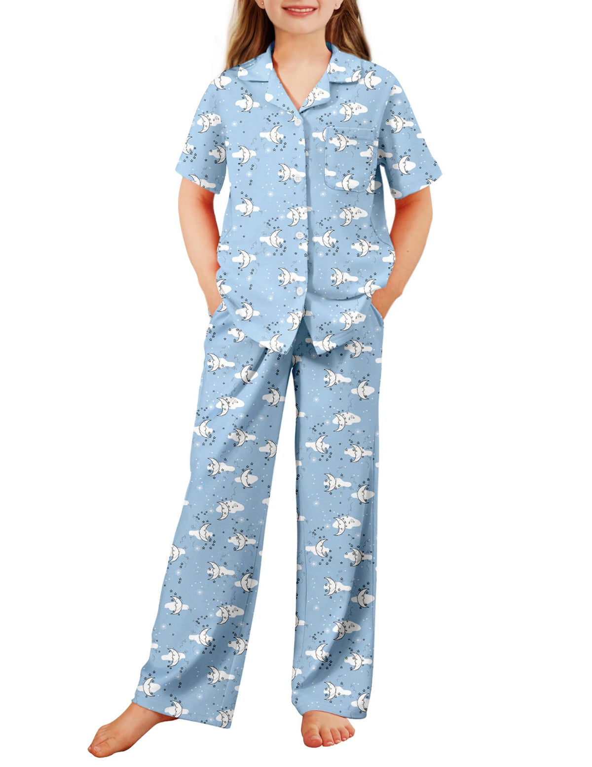 Arshiner Pajamas for Girls Short Sleeve Long Pants Sleepwear Button Pjs Set
