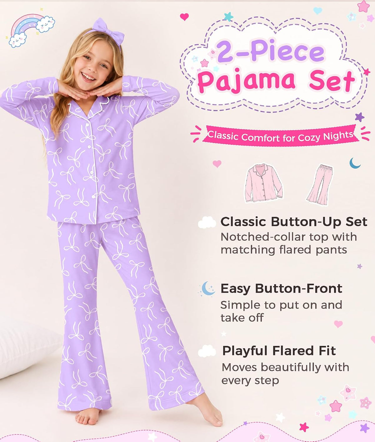 Petite&Me Girls Pajamas, Long Sleeve Button Up Set with Flared Pants 6T-14T