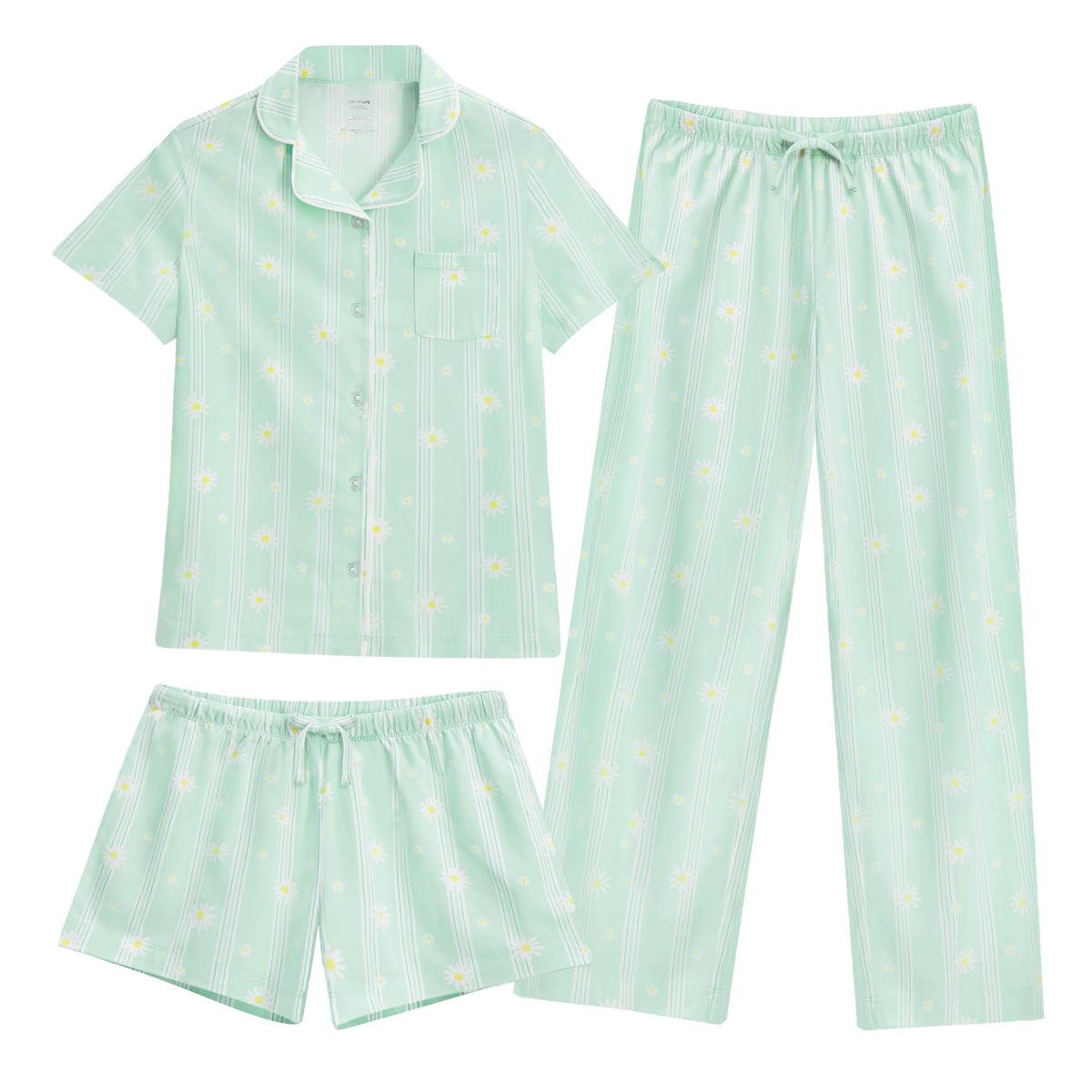 US Angels Girls Pajama Set 3 Piece, Short Sleeve Button Down PJs with Shorts & Pants, Soft Sleepwear Girls & Tweens Size 5-16