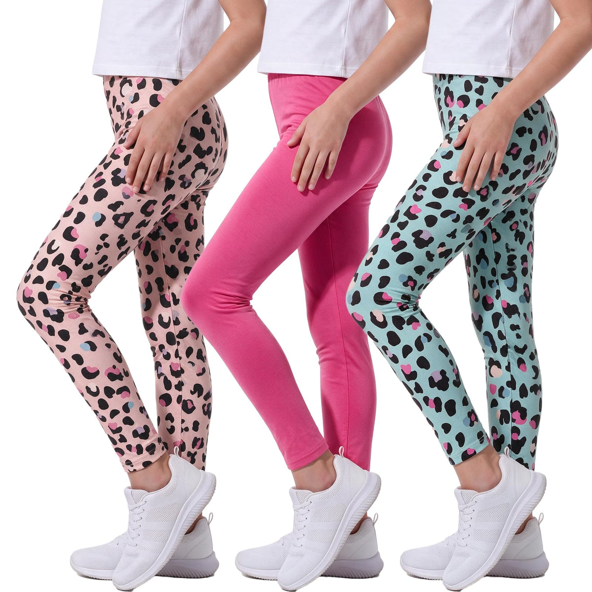 MyFav 3 Pack Girls Leggings Stretch Kids Cute Printed & Solid Color Skinny Casual Daily Wear Pants