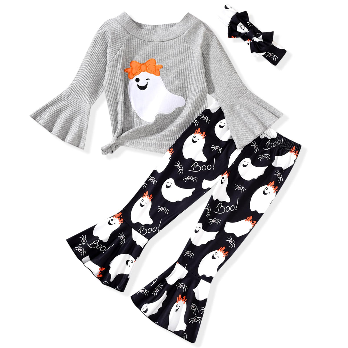 HIHA Toddler Little Girls Long Flare Sleeve Tops Bell Bottom Pants Outfit with Headband
