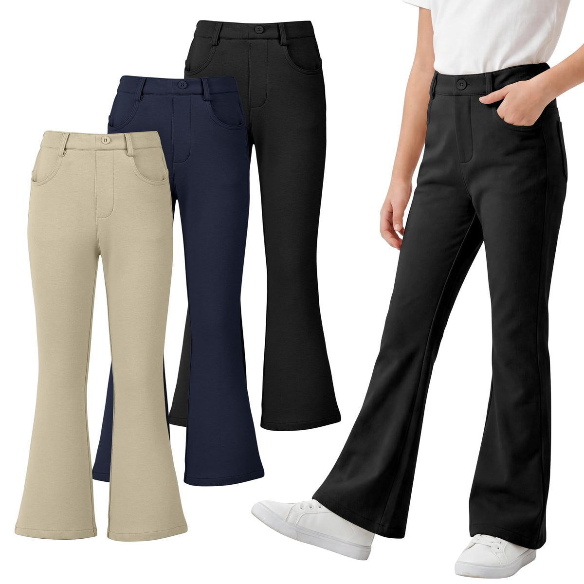 Resinta 3 Pack Girls Uniform Pants Bell Bottoms School Pants