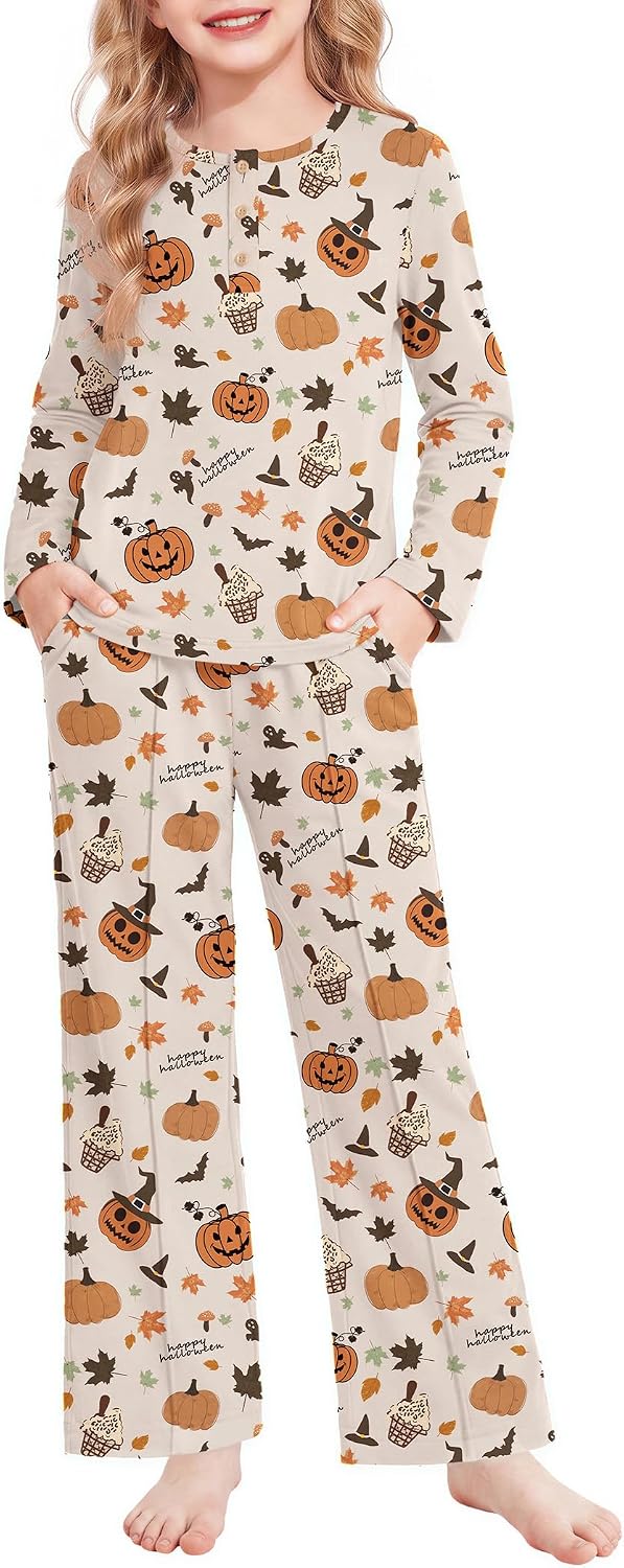 Arshiner Girls Pajamas Long Sleeve Sleepwear Comfy Henley Neck Pjs Set