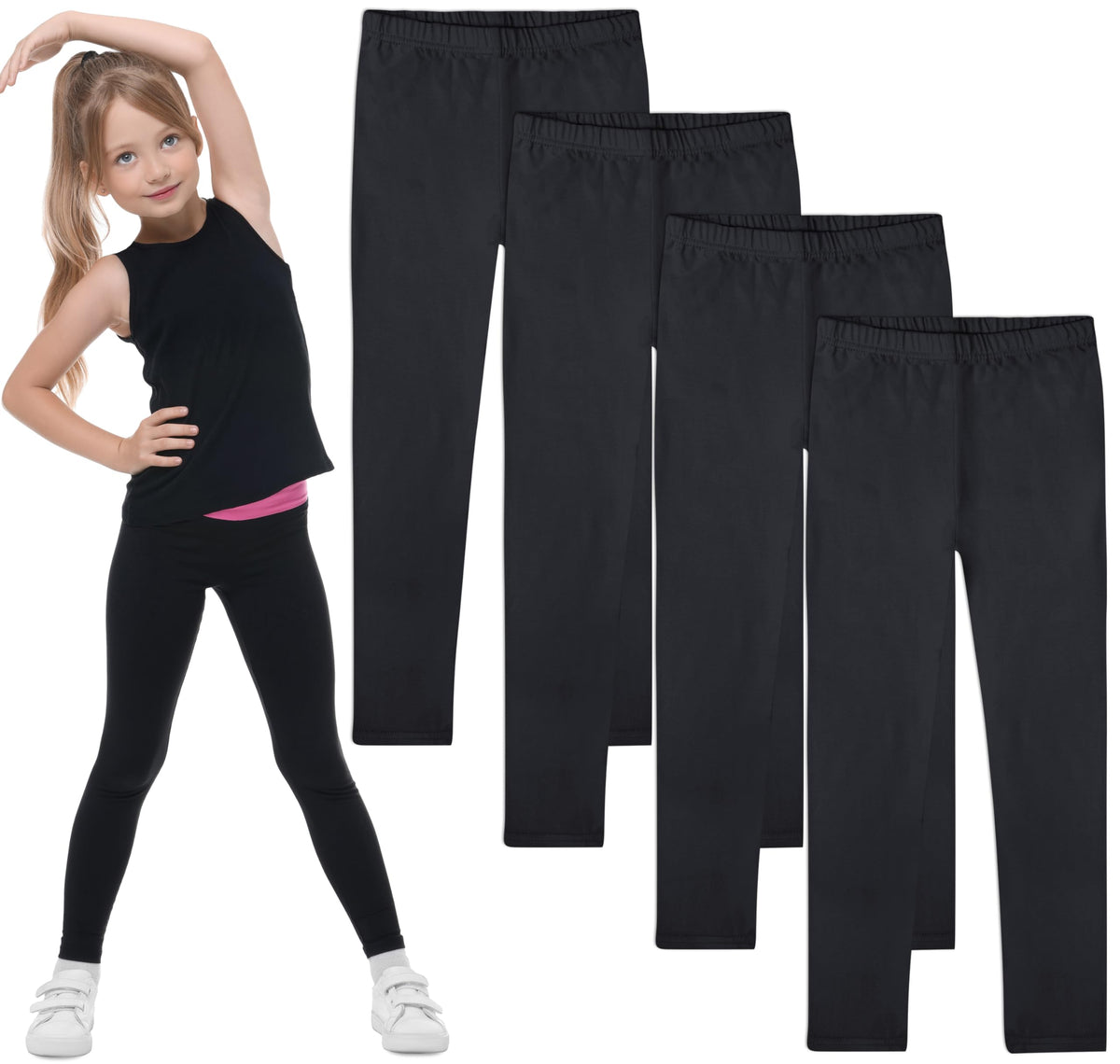 FEQO 4 Pack Girls Cotton Leggings Stretchy Full Length Tight Pants 4-12Y