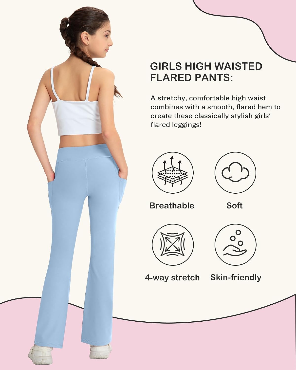 NORMOV Girl's Bootcut Yoga Pants with Pockets,High Waisted Casual Kids Bell Bottoms Pants