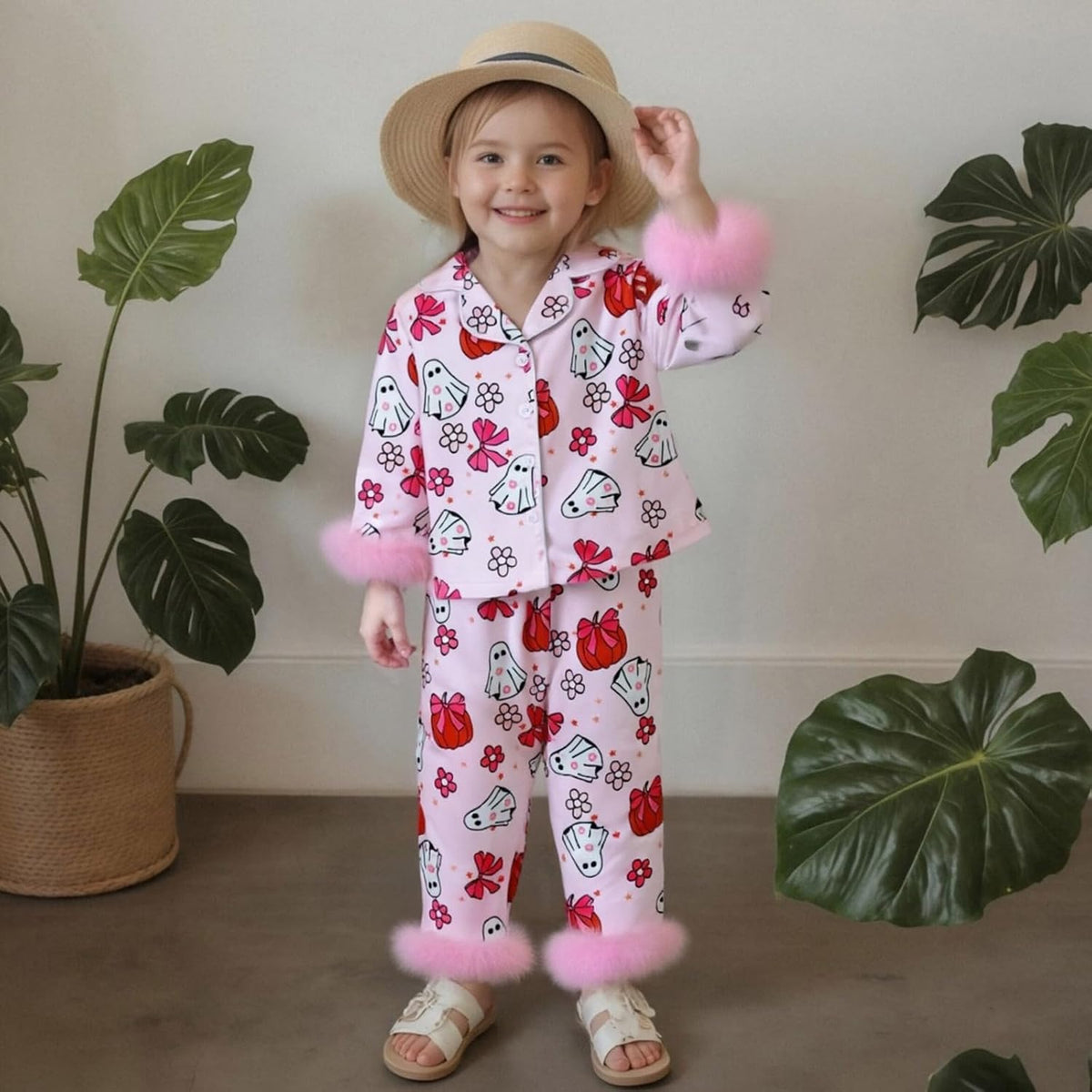 Kuriozud Kids Toddler Girl Pajamas Fuzzy Trim Button Down Shirt Pants 1-7Y