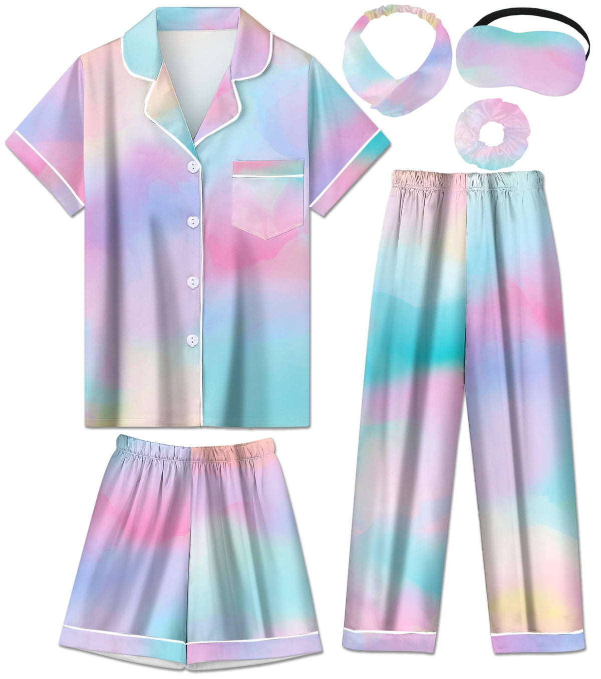Silk Pajamas for Girls Satin Pajama Kids 3Pcs Short Sleeve Pjs Set