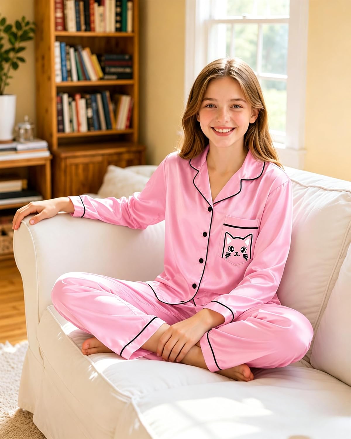 Mikrdoo Girls Silk Pajamas 2 Piece PJs Sets Kids Satin Slpeepwear 3-14Y