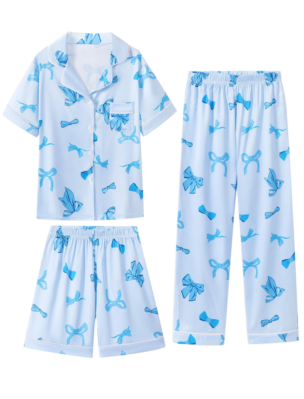 Mikrdoo 3 Piece Girls Silk Satin Pajamas Set Soft Lightweight Button Down Pjs Sleepwear for Kids Size 6-16 Years