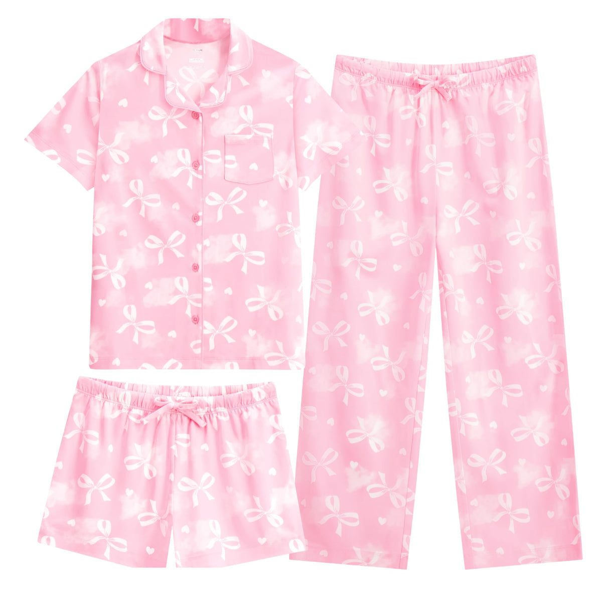 US Angels Girls Pajama Set 3 Piece, Short Sleeve Button Down PJs with Shorts & Pants, Soft Sleepwear Girls & Tweens Size 5-16