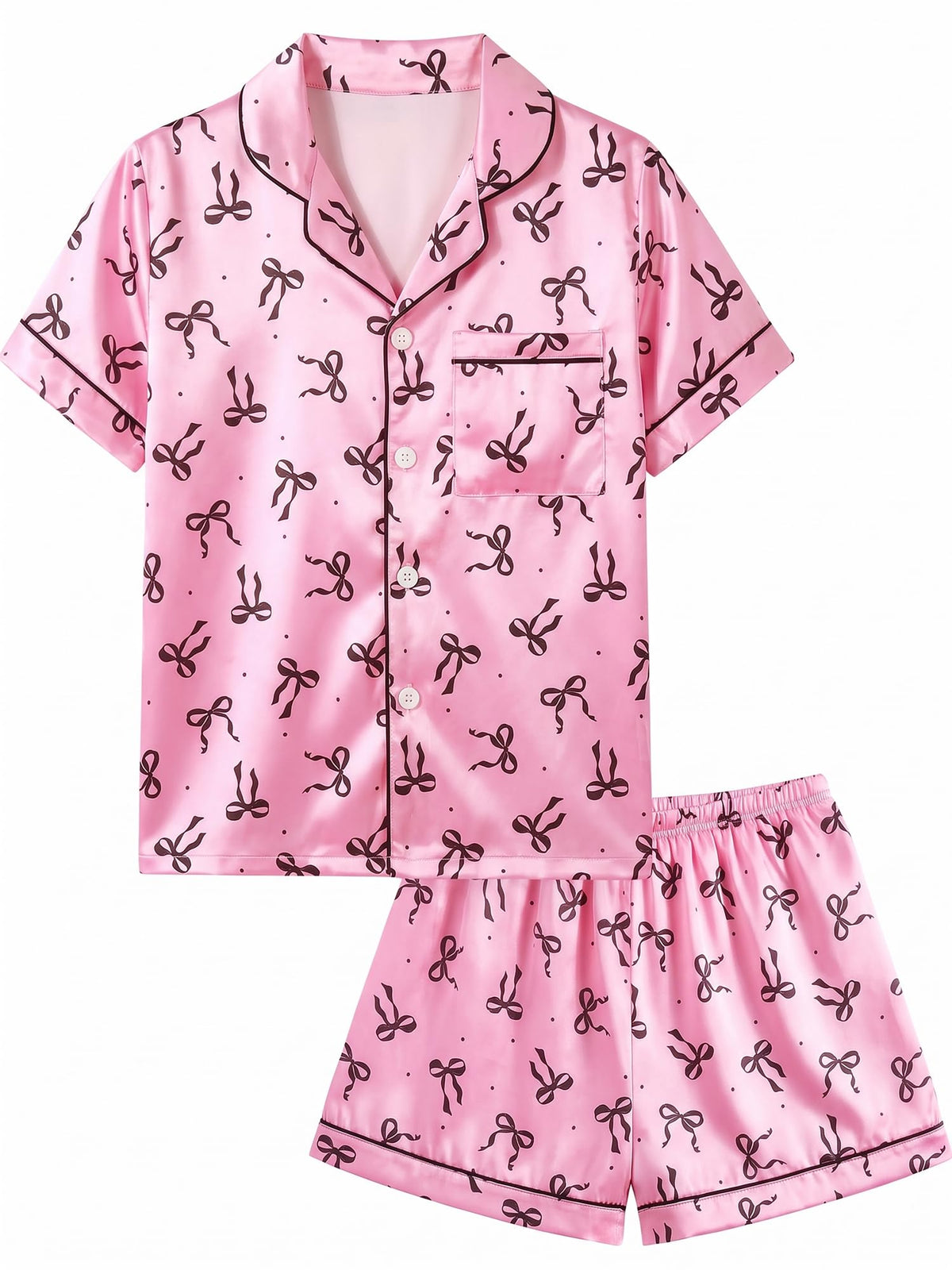 Basumee Girls Satin Pajamas Set, Silky Kids Sleepwear PJs for Teen 8-15Y