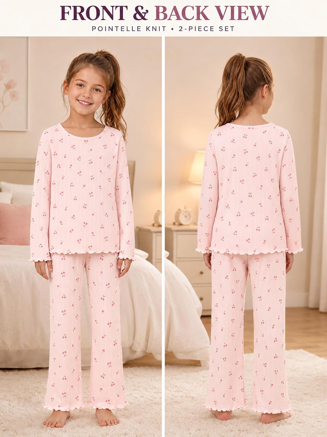Beezizac Girls Pointelle Pajamas Long Sleeve Wide Leg 2-Piece Set Size 6-18