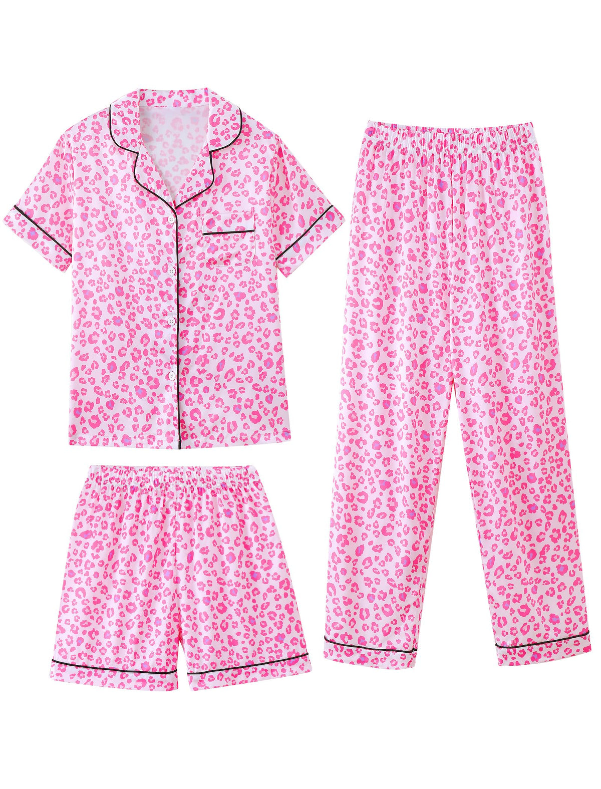 Mikrdoo 3 Piece Girls Silk Satin Pajamas Set Soft Lightweight Button Down Pjs Sleepwear for Kids Size 6-16 Years