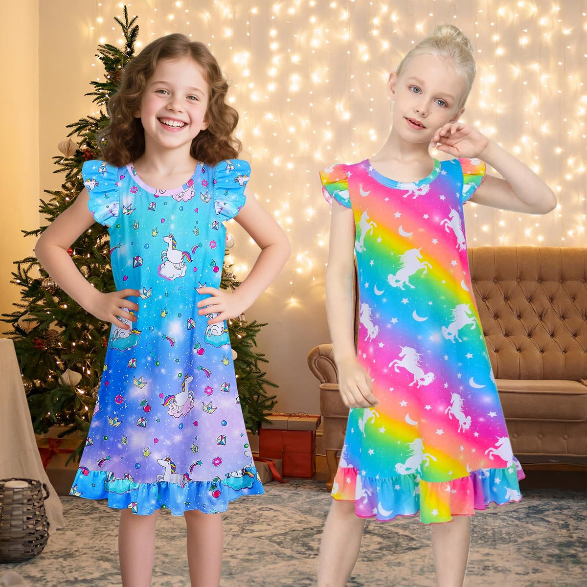 Sylfairy 2pcs Girls Nightgowns, Unicorn Nightgown Princess Pajama Dresses for Girls Sleepwear Nightie