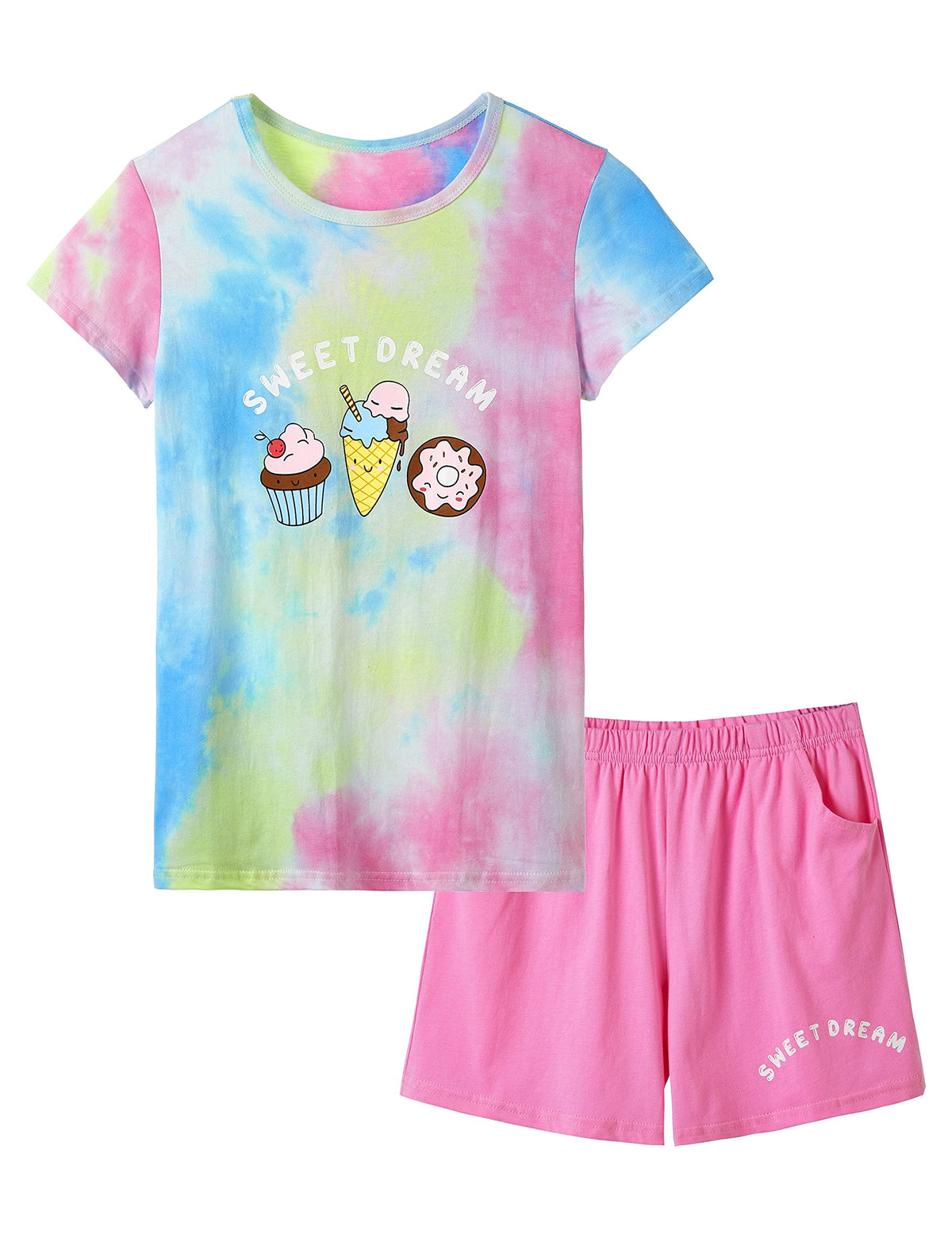 Beezizac Girls' Tie Dye Pajamas, 100% Cotton Sleepover Theme, Size 4T-18