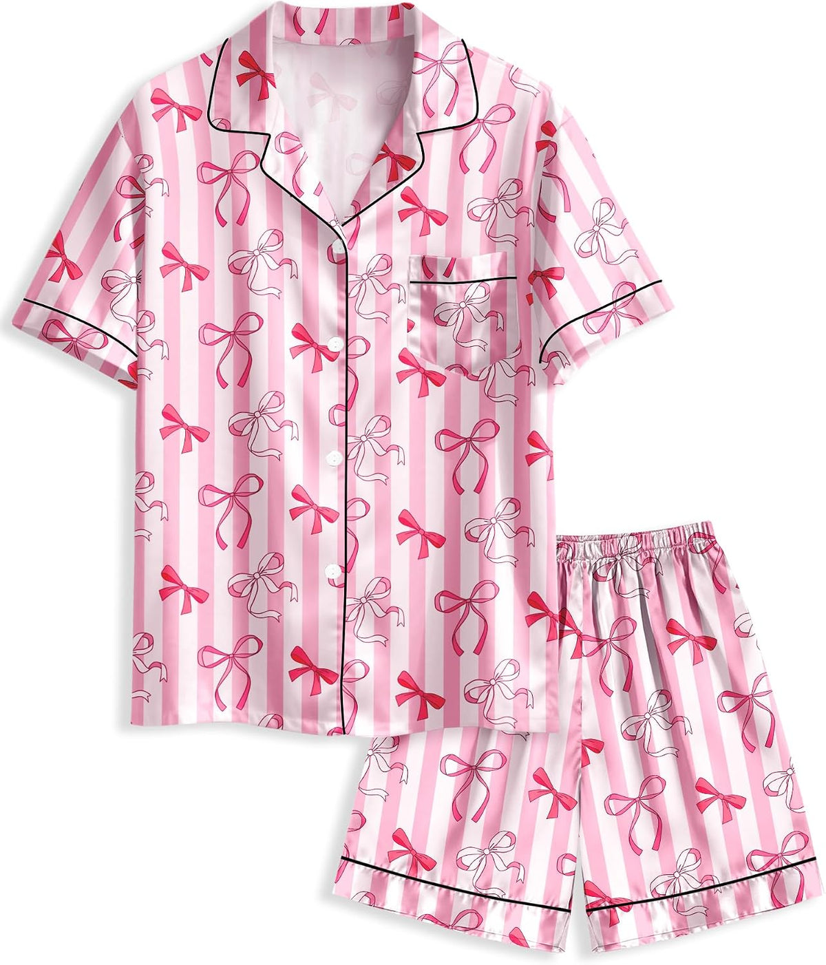 Girls Pajamas Satin Pajama Set Silk Pjs Short Sleeve Button Down Summer Bow Sleepwear for Big Kids 7-14Y